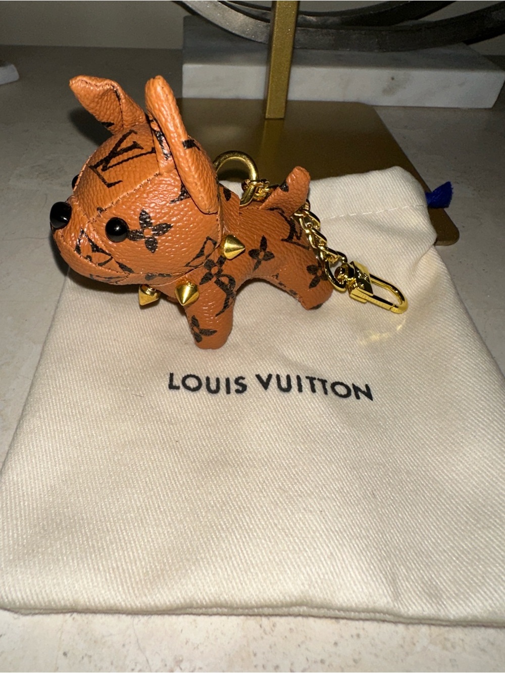 Faux Louis Vuitton Monogram Bulldog Bag Charm Keychain - Brown/Gold